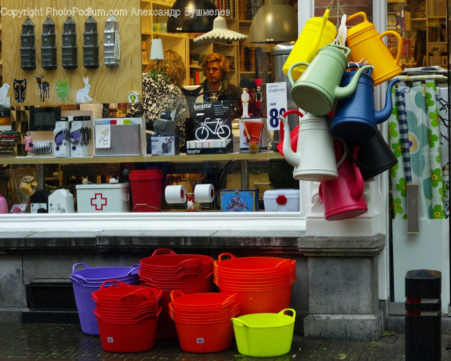 Bucket, Shelf, Human, Person, Pot