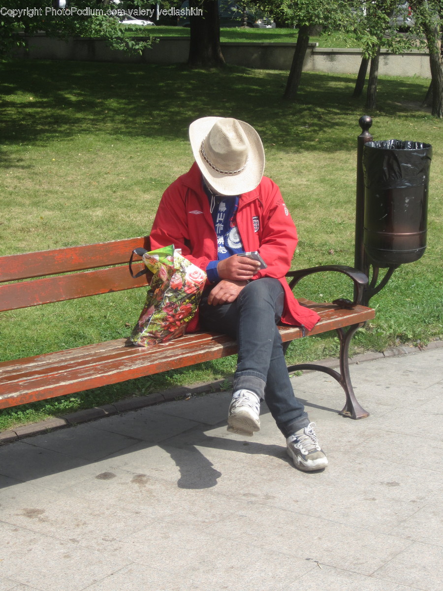 Apparel, Clothing, Person, Human, Bench