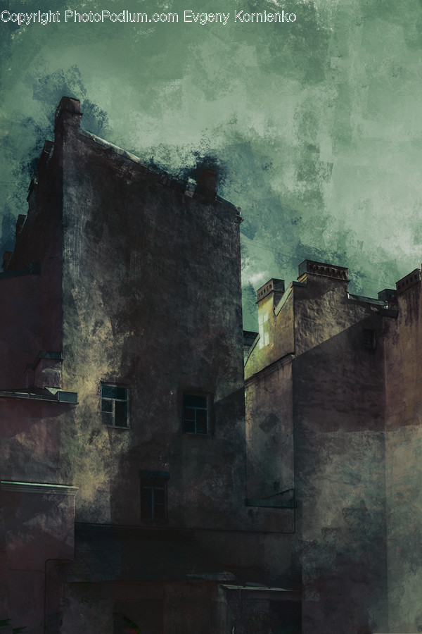 Ruins, Bunker, Building, Painting, Art