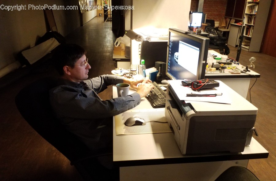 Furniture, Table, Desk, Human, Person