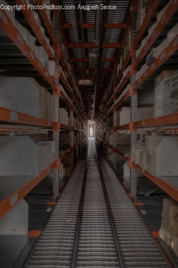 Building, Warehouse, Indoors, Aisle, Corridor