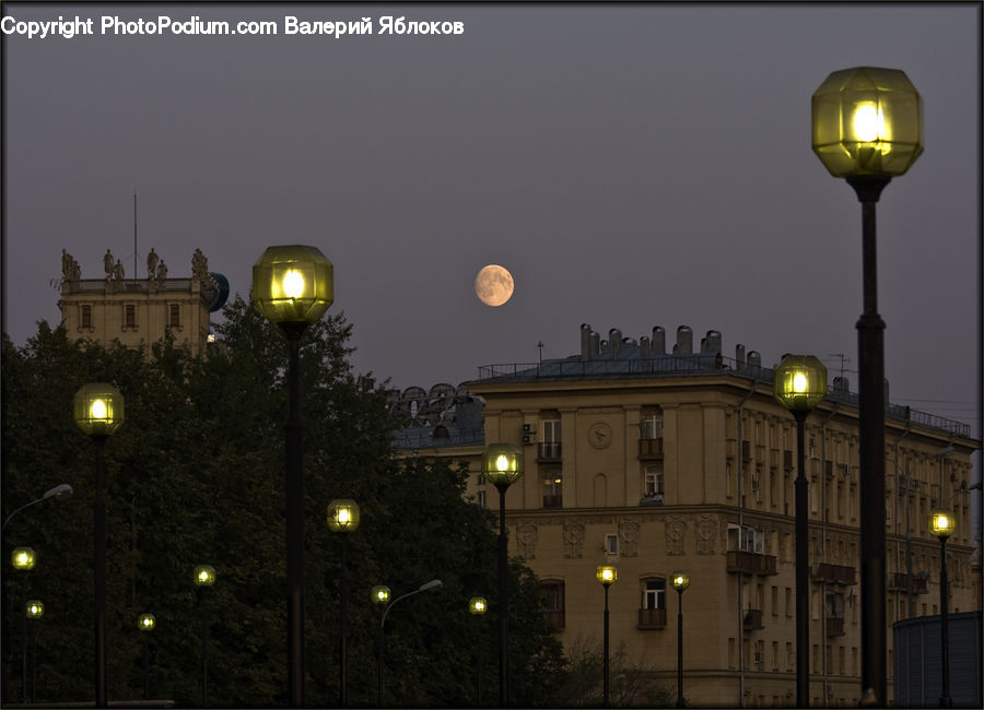 Lamp Post, Pole, City, Downtown, Astronomy, Full Moon, Night