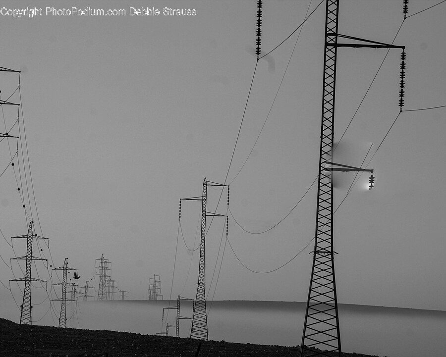 Power Lines, Cable, Electric Transmission Tower, Construction Crane