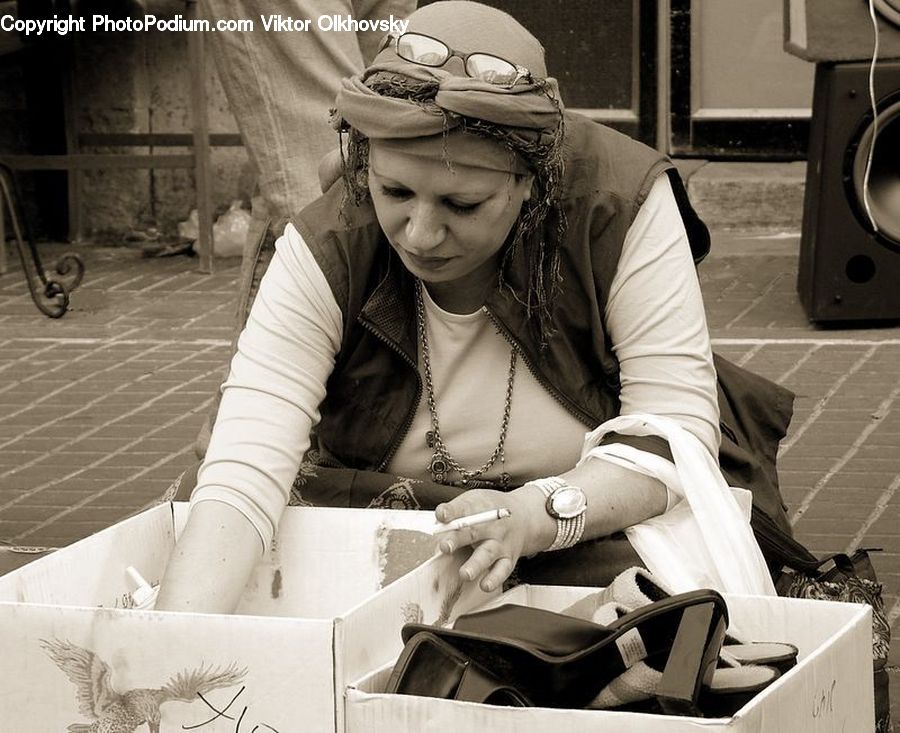 People, Person, Human, Chair, Furniture, Box, Cardboard