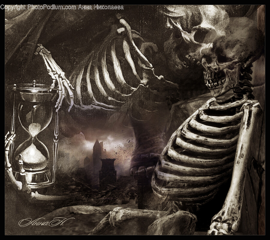 Painting, Art, Skeleton, Hourglass