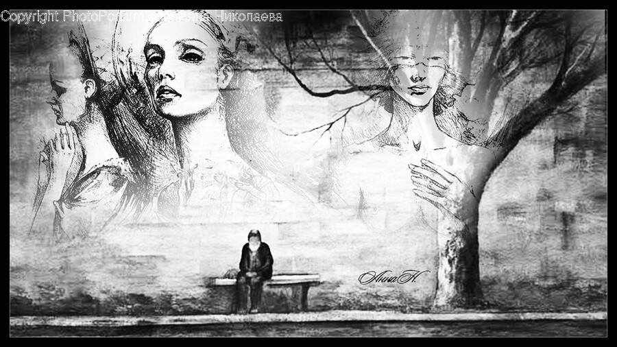 Person, Human, Drawing, Art, Bench