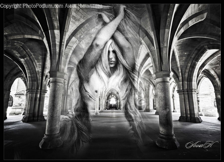 Crypt, Architecture, Building, Corridor, Person