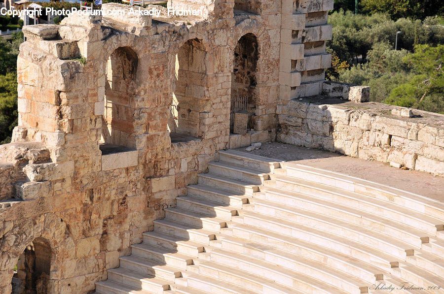 Castle, Fort, Ruins, Ancient Egypt, Bench, Bush, Plant