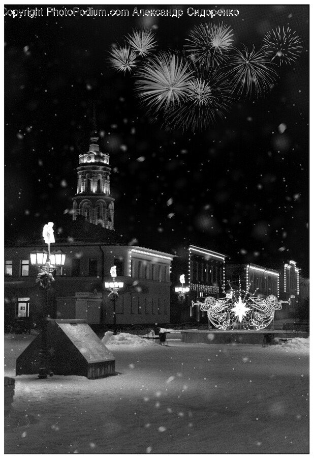 Architecture, Building, Clock Tower, Tower, Fireworks