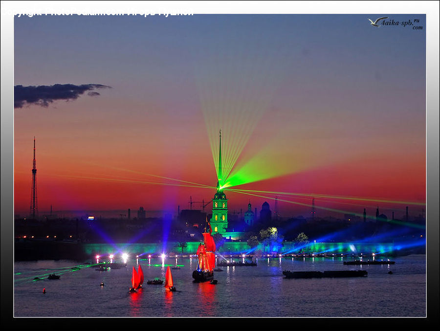 Laser, Light, Fountain, Water, City, Downtown, Art