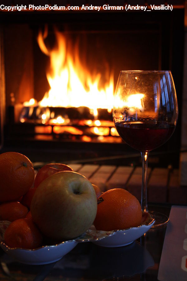 Glass, Fire, Apple, Fruit, Fireplace, Hearth, Flame