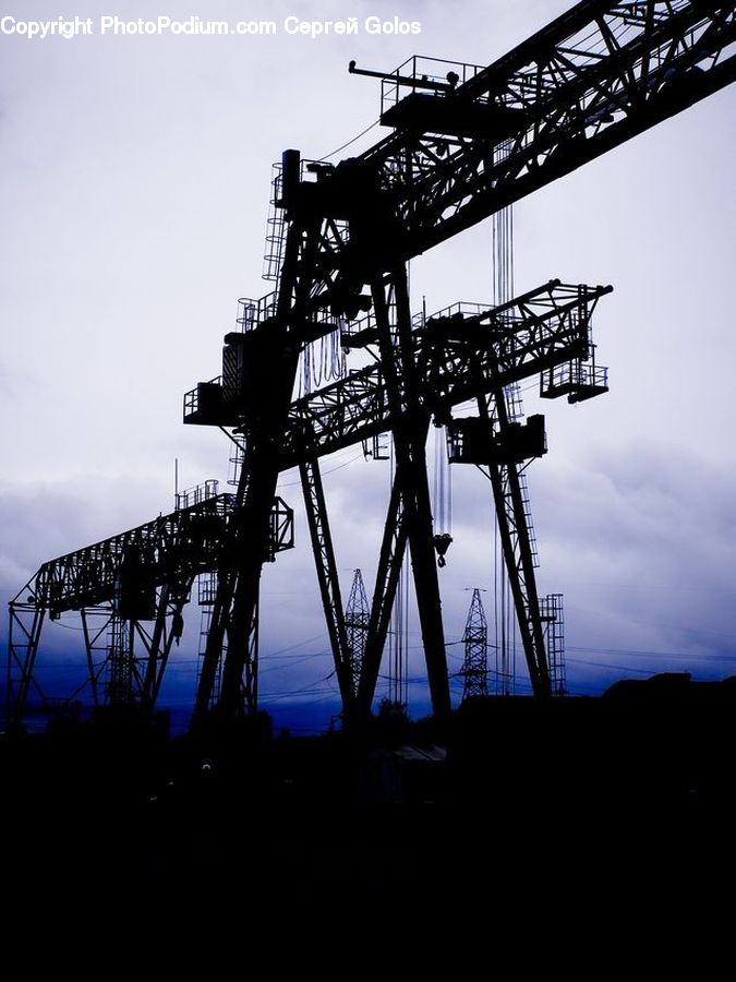 Silhouette, Dock, Pier, Constriction Crane, Coaster, Roller Coaster, Amusement Park