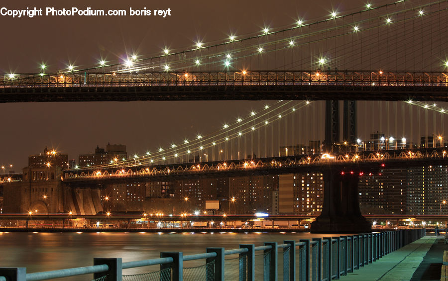Bridge, Night, Outdoors, City, Downtown, Metropolis, Urban