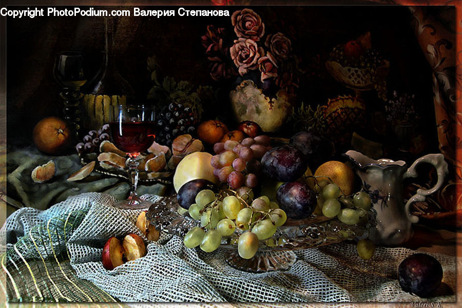 Art, Painting, Still Life, Fruit, Bowl, Plum, Glass