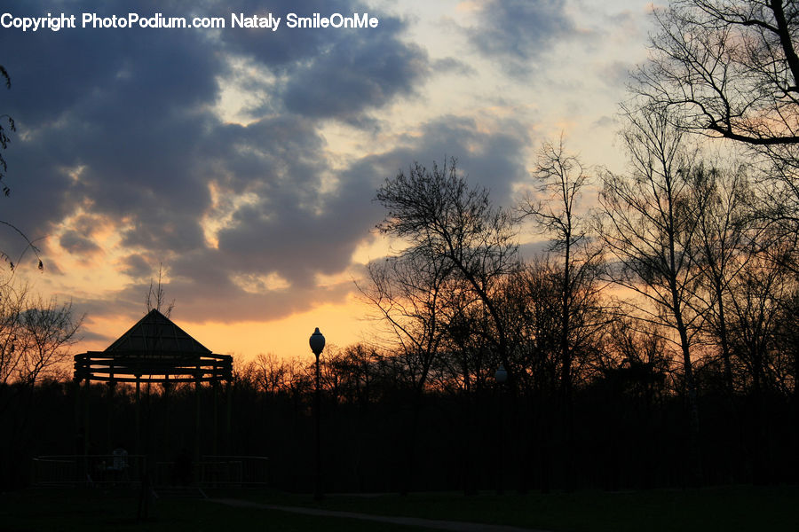 Gazebo, Dawn, Dusk, Red Sky, Sky, Sunrise, Sunset