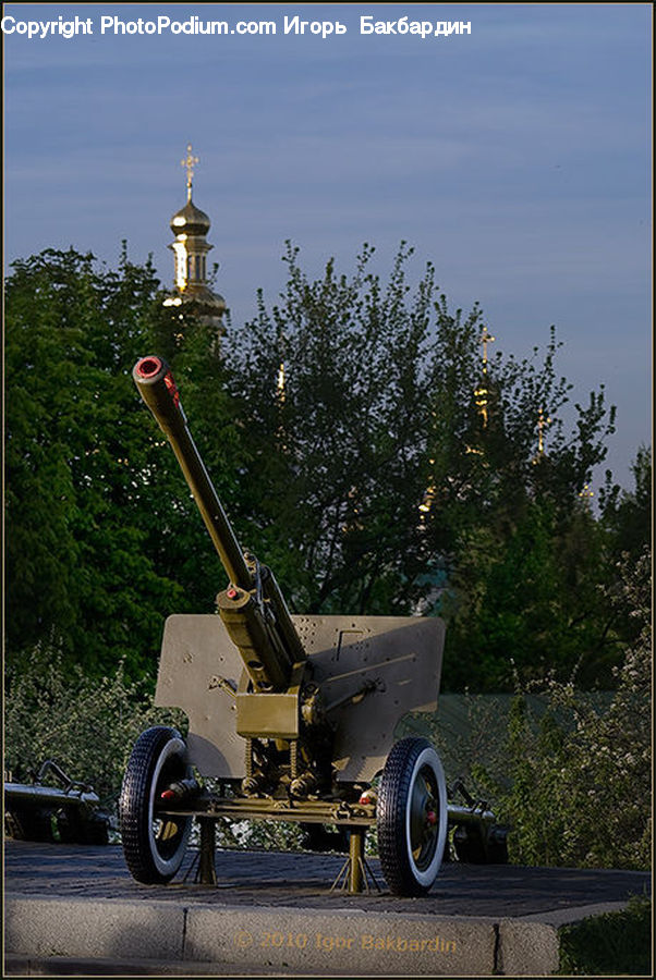 Cannon, Weaponry, Car, Driving, Forest, Vegetation, Fence