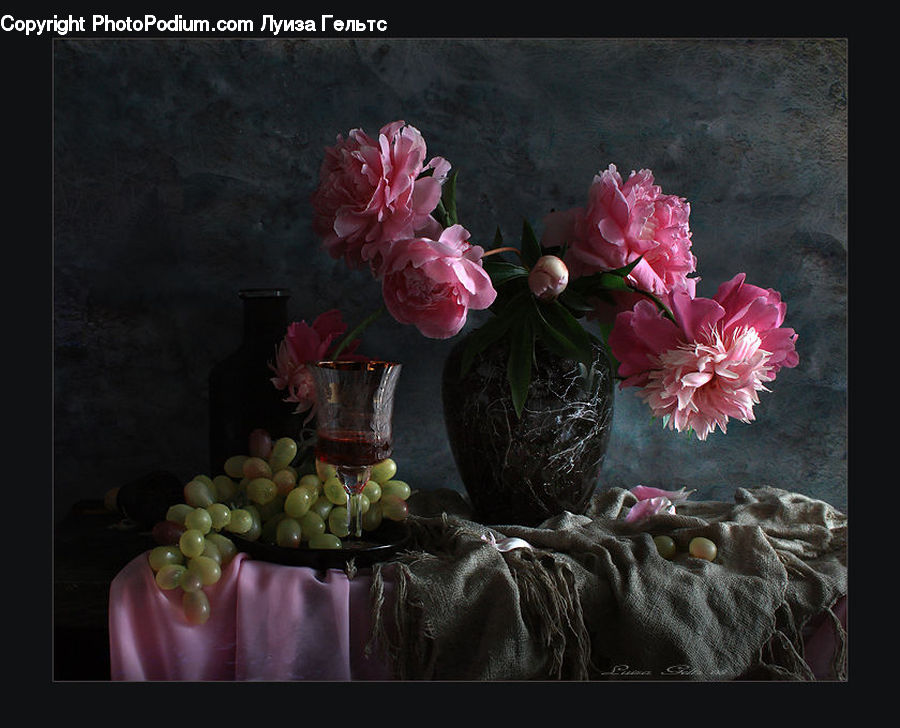 Fruit, Grapes, Blossom, Flower, Peony, Plant, Glass