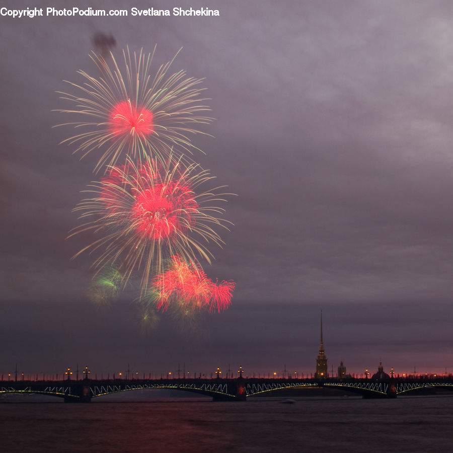 Fireworks, Night, Bridge, Architecture, Tower, City, Downtown