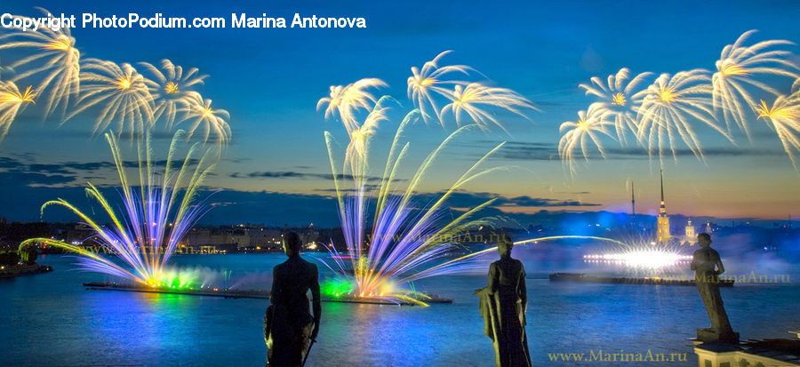 Fireworks, Night, Fountain, Water, Art, Sculpture, Statue