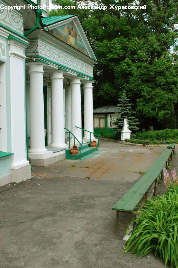 Bench, Building, Housing, Villa, Path, Sidewalk, Walkway