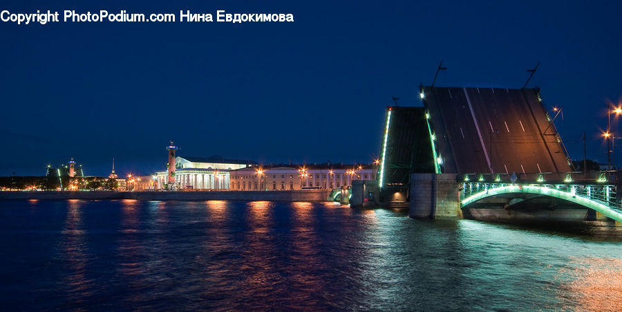 Bridge, Night, Outdoors, City, Downtown, Metropolis, Urban