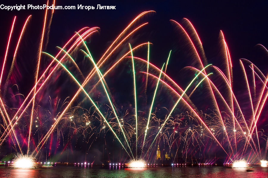 Fireworks, Night, City, Downtown, Metropolis, Urban, Architecture