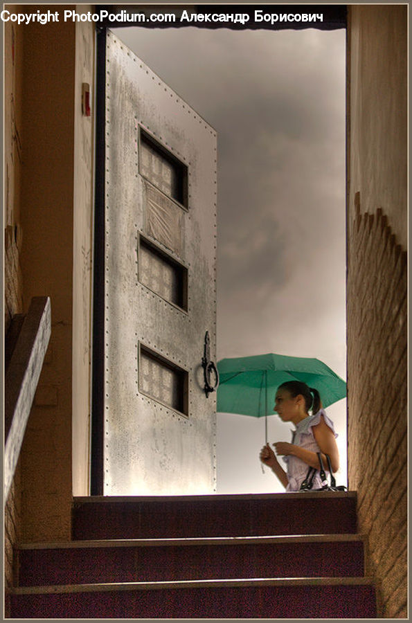 Umbrella, People, Person, Human, Brick, Building, Housing