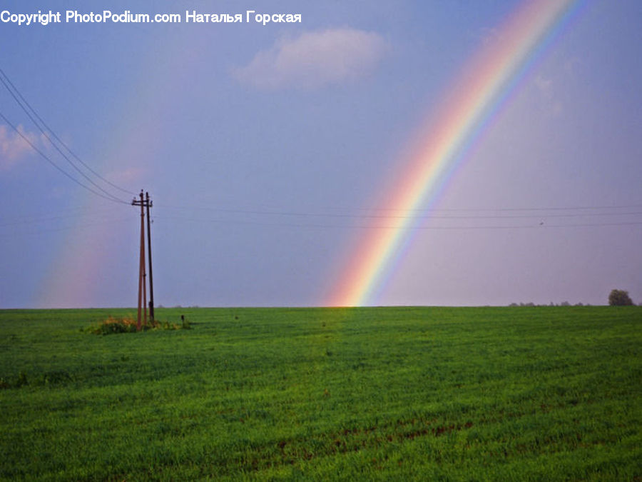 Outdoors, Rainbow, Sky, Pole, Field, Grass, Grassland