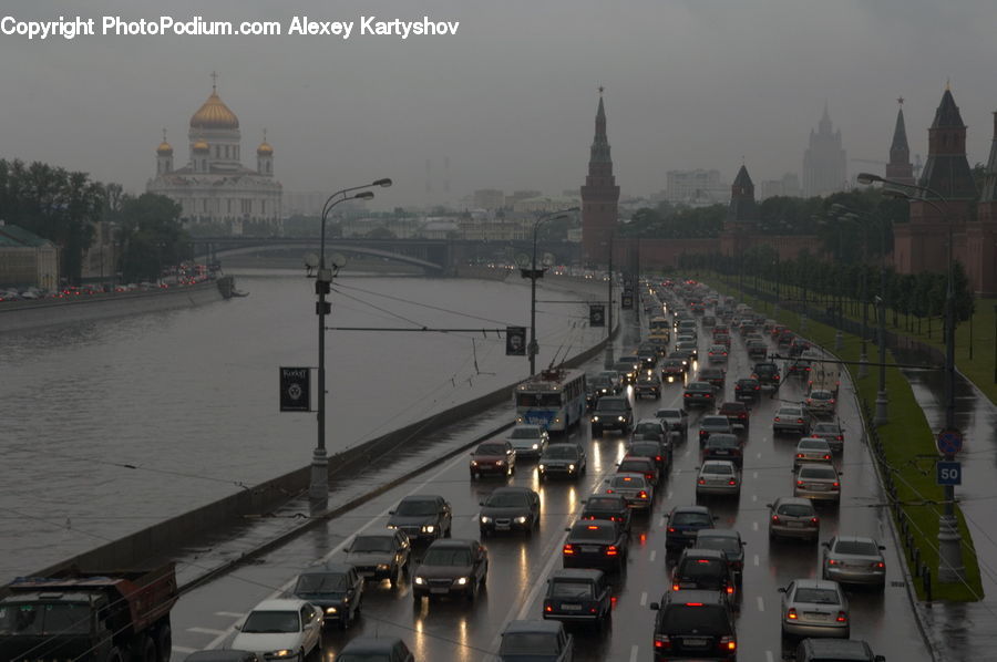 Automobile, Car, Vehicle, Freeway, Road, Architecture, Spire
