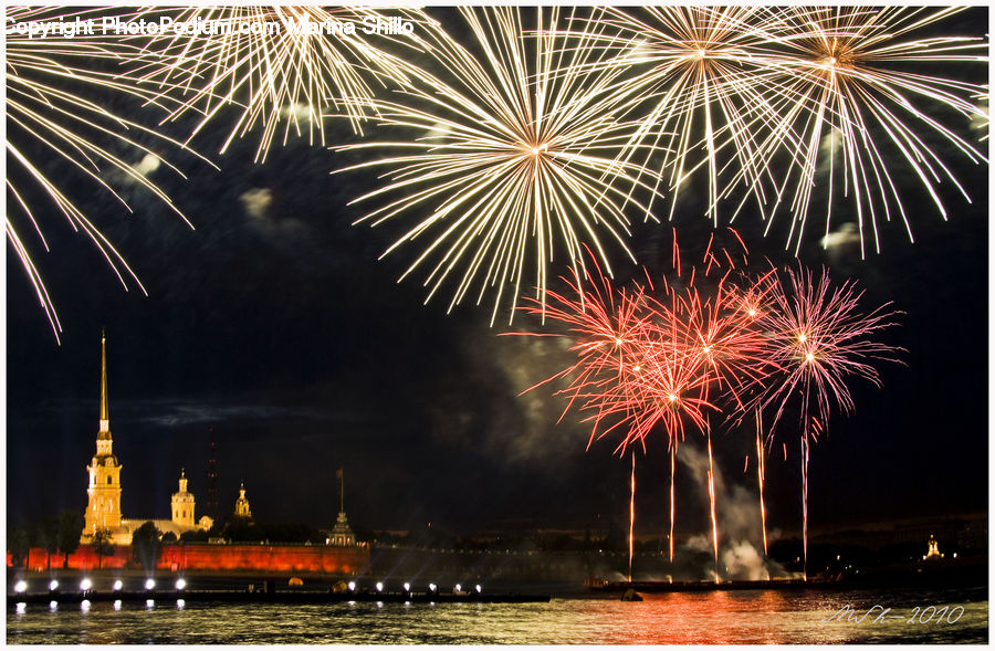 Fireworks, Night, Fountain, Water, Parliament, Outdoors, City