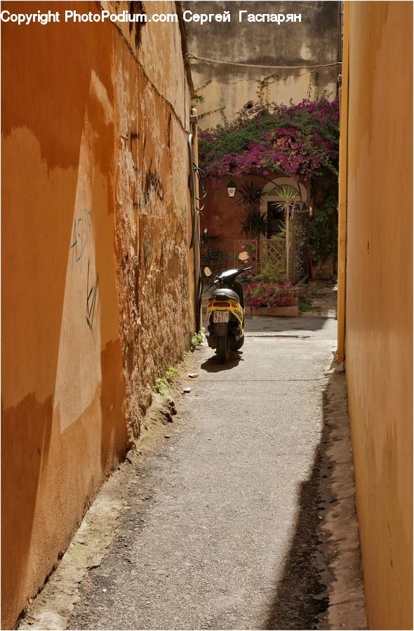 Scooter, Vehicle, Motor Scooter, Motorcycle, Vespa, Alley, Alleyway