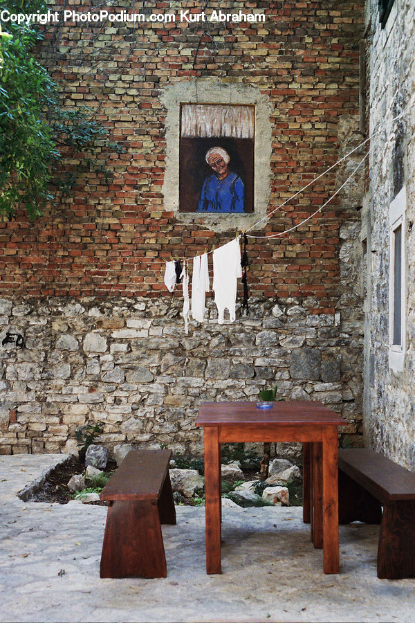 Brick, Fireplace, Hearth, Bench, Dining Table, Furniture, Table