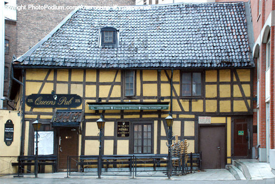 Bench, Building, Cottage, Housing, Office Building, Roof, Cafe