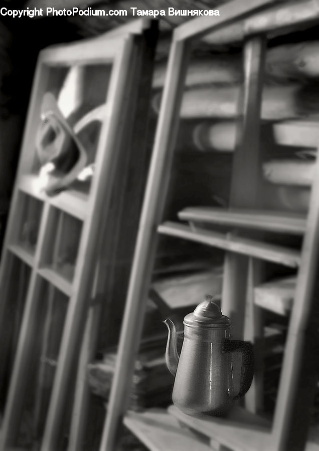 Pot, Pottery, Teapot, Book, Bookcase, Furniture, Shelf