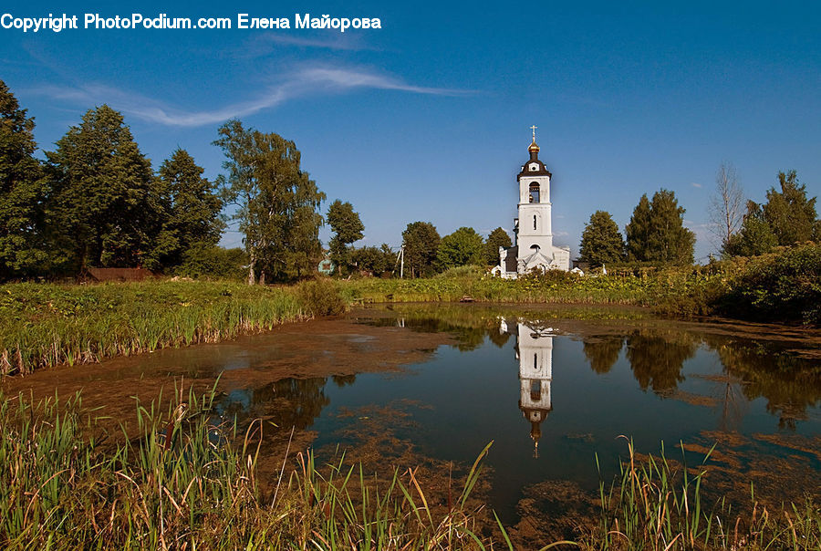 Architecture, Bell Tower, Clock Tower, Tower, Outdoors, Pond, Water