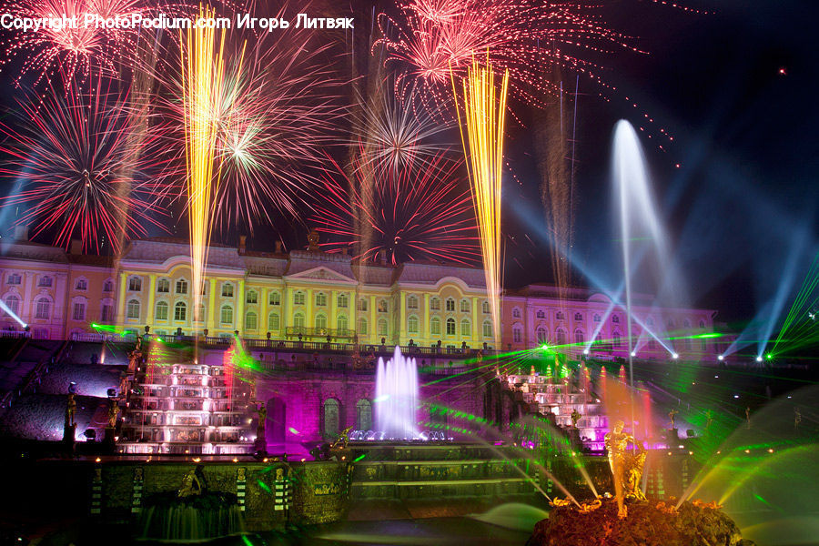Fountain, Water, Fireworks, Night, Lighting, City, Downtown