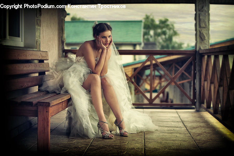 People, Person, Human, Bench, Bridesmaid, Balcony, Robe
