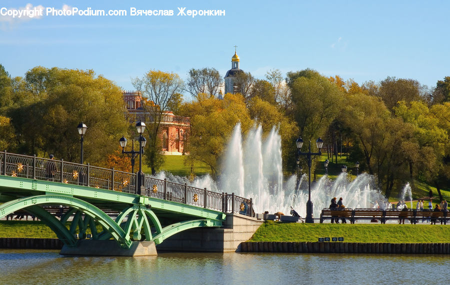 Fountain, Water, Bridge, Park, Bench, Architecture, Building