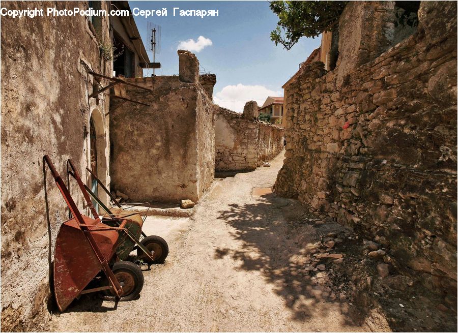 Castle, Fort, Ruins, Bulldozer, Tractor, Vehicle, Plant