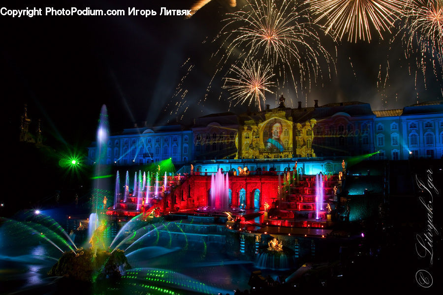 Fireworks, Night, Club, Festival, Fountain, Water, City