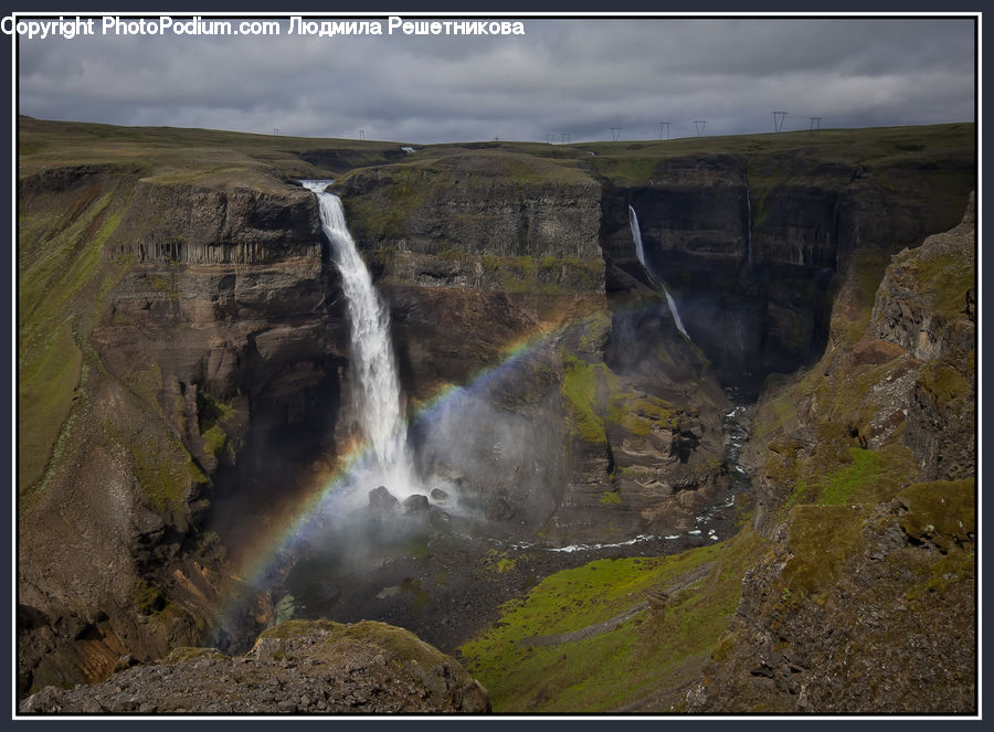 Outdoors, River, Water, Waterfall, Cliff, Rainbow, Sky