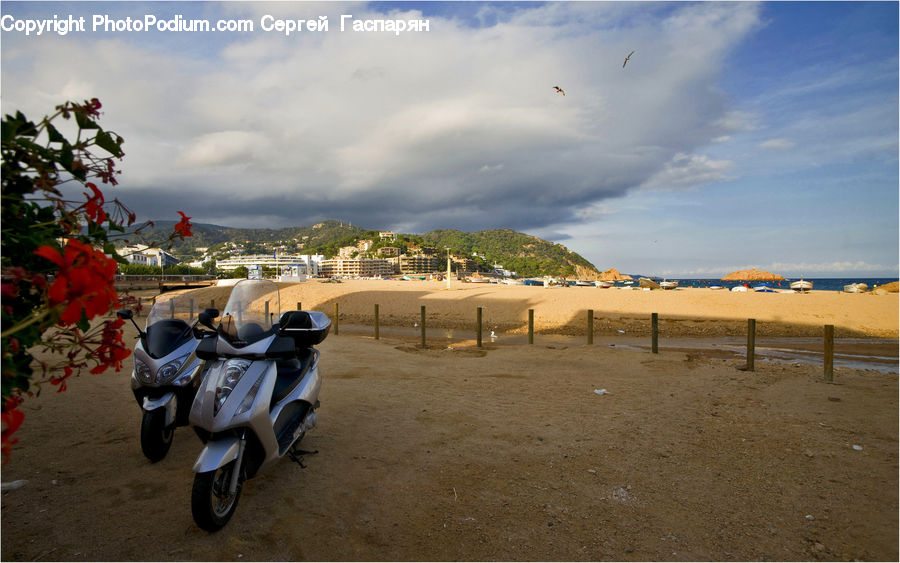 Motor, Motorcycle, Vehicle, Motor Scooter, Vespa, Beach, Coast