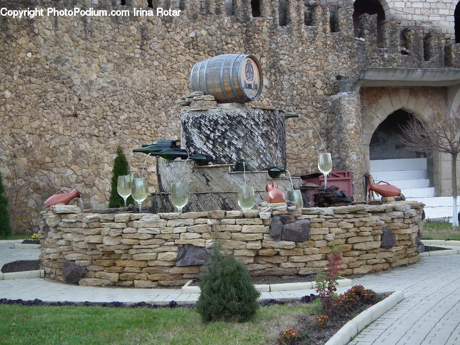 Barrel, Plant, Potted Plant, Castle, Fort, Gutter, Conifer