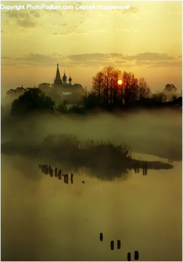 Dawn, Dusk, Sky, Sunrise, Sunset, Fog, Architecture