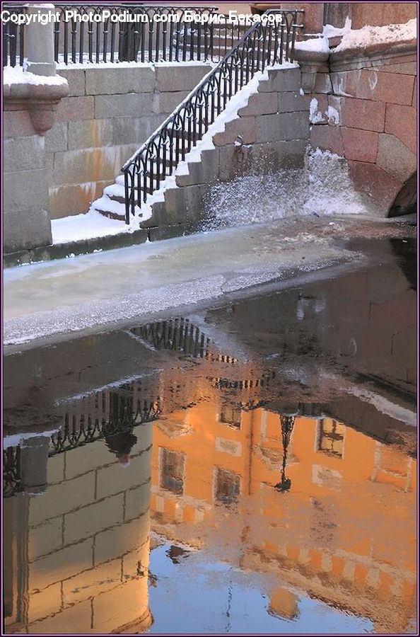 Puddle, Banister, Handrail, Brick, Fence, Wall, Ruins