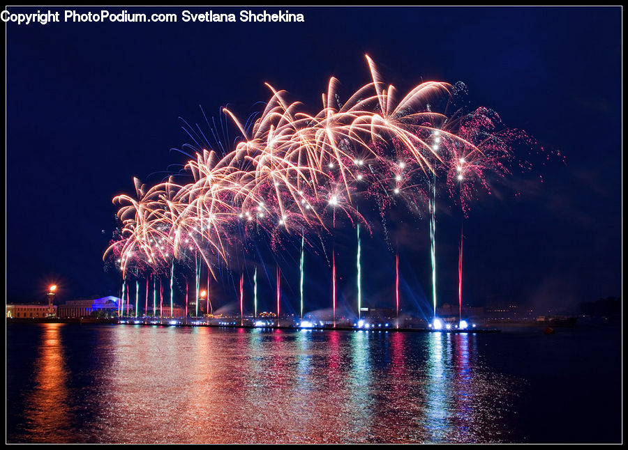 Fireworks, Night, Outdoors, Waterfront, City, Downtown, Lighting