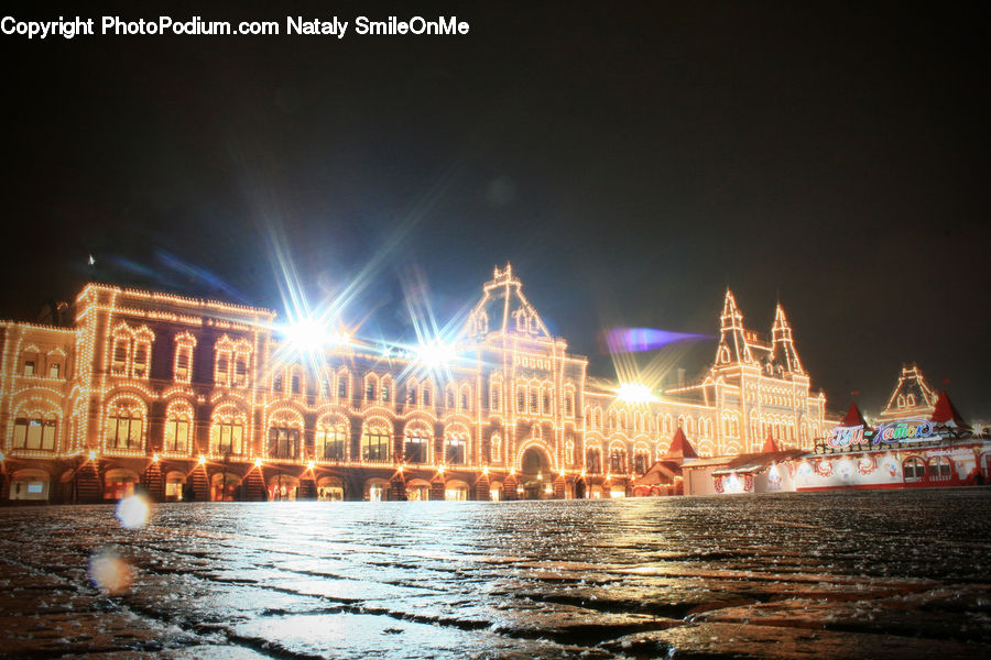 Fountain, Water, Night, Outdoors, Architecture, Castle, Mansion