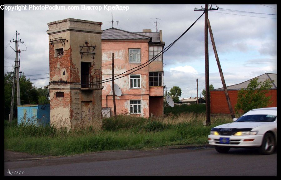 Automobile, Car, Vehicle, Apartment Building, Building, High Rise, Dirt Road