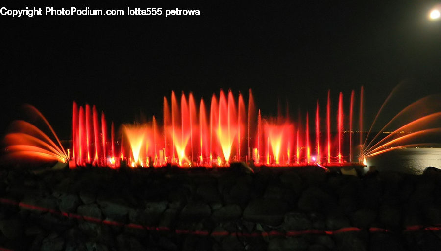 Fountain, Water, Fireworks, Night