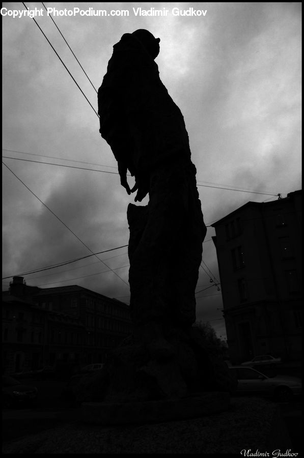 Silhouette, Night, Outdoors, Art, Gargoyle, Statue, City